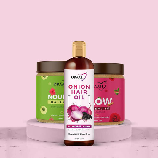 Buy Oraah Beauty Care Combo (Onion Hair oil + Hair Mask + Glow Face Mask) from DrMediCart, Ship from India to USA