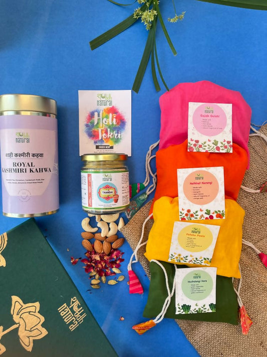 Shuddh Natural Ubtan Based Herbal Gulal, Ayurvedic Thandai Powder, Kashmiri Kahwa | Holi Gift Hamper