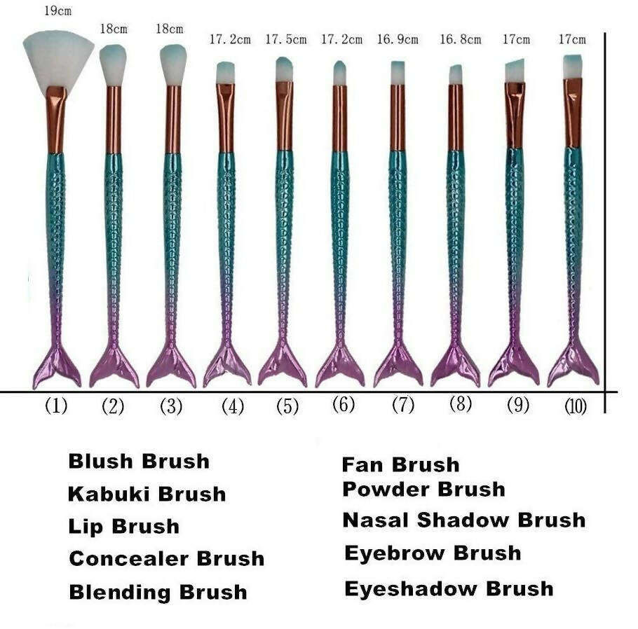 Favon Pack of 10 Professional Mermaid Shaped Makeup Brushes