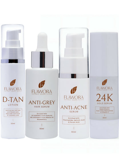 Flawora D-Tan Lotion, Anti Acne Serum, Anti-Grey Hair Serum and Gold Face Serum Combo