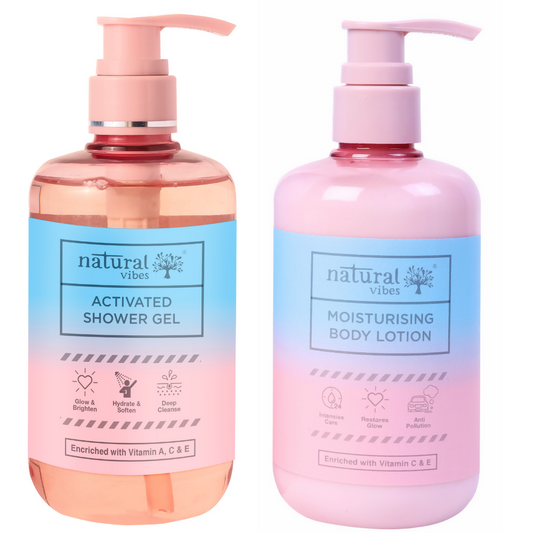Buy Natural Vibes Glow & Moisturising Bath and Body Regime with Shower Gel Body Wash & Lotion from DrMediCart, Ship from India to USA