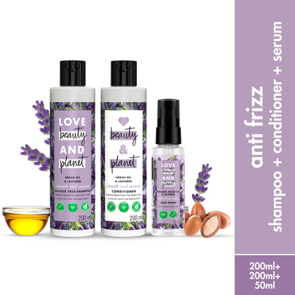 Love Beauty And Planet Argan Oil And Lavender Anti Frizz Shampoo Conditioner & Hair Serum Combo