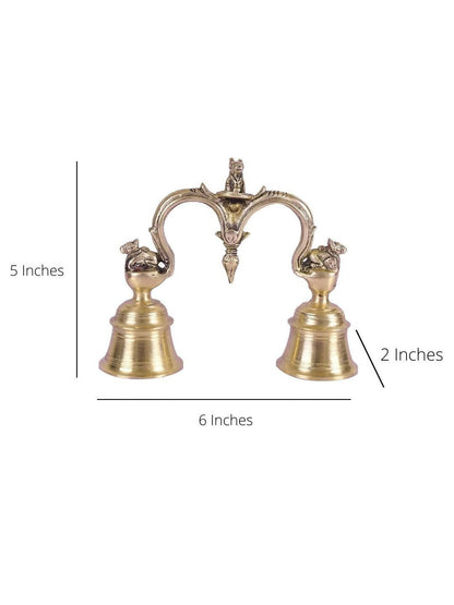 CraftVatika Gold-Toned Brass Hand Held With Nandi Sitting On Top Double Puja Bell