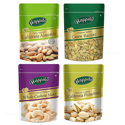 Buy Happilo Premium Dry Fruits Combo (California Almonds, Raisins, Whole Cashews, Roasted Pistachios) from DrMediCart, Ship from India to USA