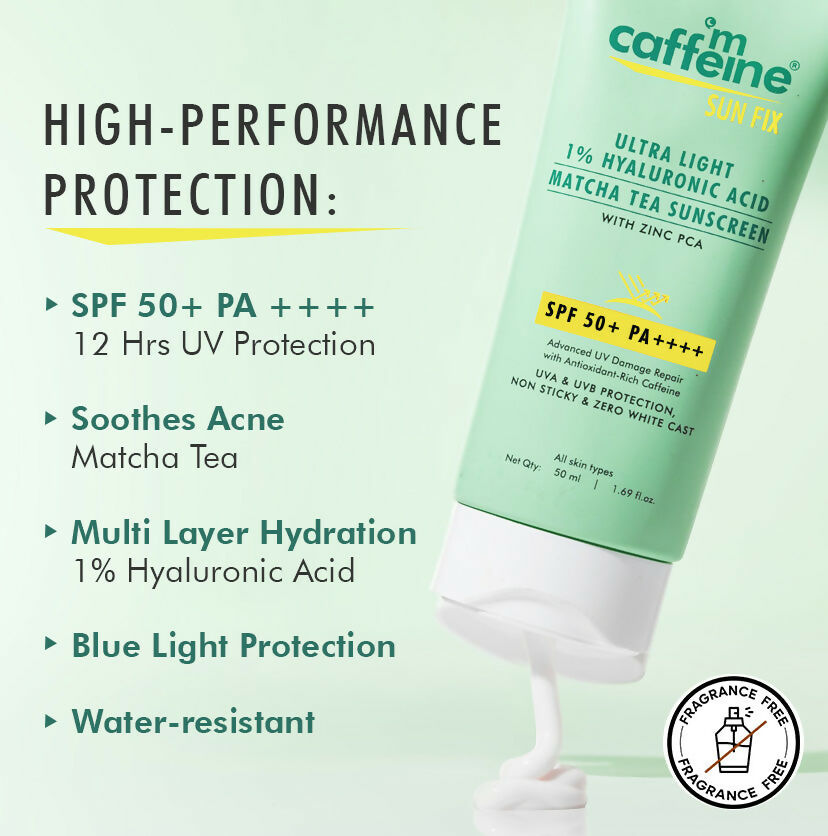 mCaffeine Sun Fix Ultra Light 1% Hyaluronic Acid Matcha Tea Sunscreen SPF 50+ PA++++