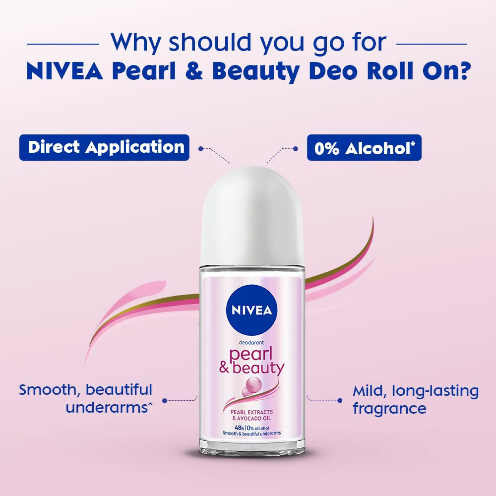 Nivea Pearl and Beauty Deo Roll On With Pearl Extracts & Avocado Oil 48 H Smooth & Beautiful Underarms 0% Alcohol