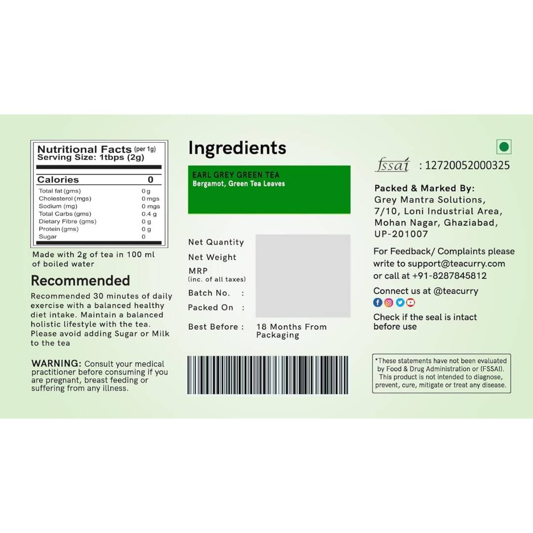 Teacurry Earl Grey Green Tea Bags - Drmedicart