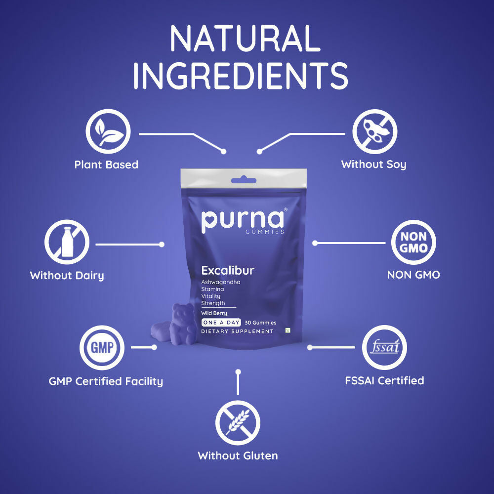 Purna Gummies Ashwagandha Wild Berry Flavour Gummies to Decrease Stress