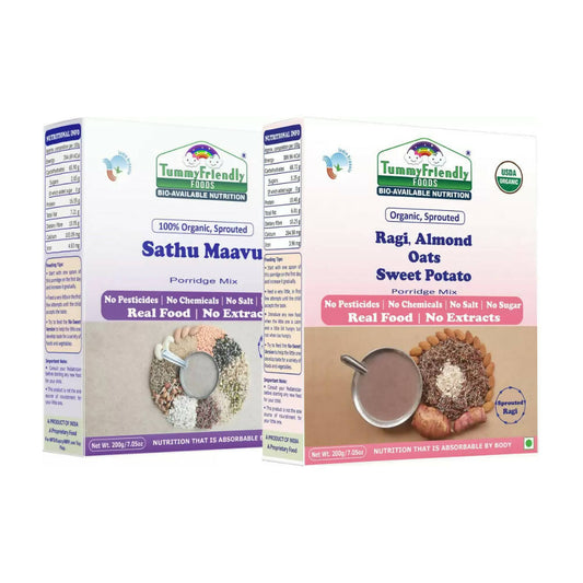 Buy TummyFriendly Foods Organic Sathu Maavu, and Sprouted Ragi, Oats, Red Lentil, Banana Porridge Mixes from DrMediCart, Ship from India to USA