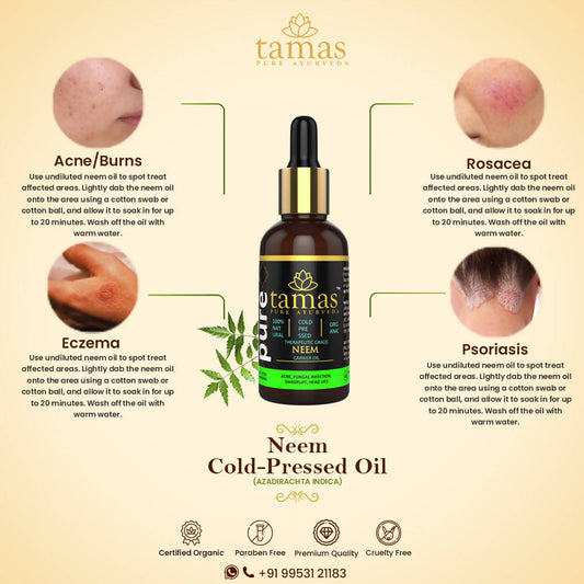 Buy Tamas Pure Ayurveda 100% Organic Neem Cold Pressed Carrier Oil- USDA Certified Organic- 30ML from DrMediCart, Ship from India to USA