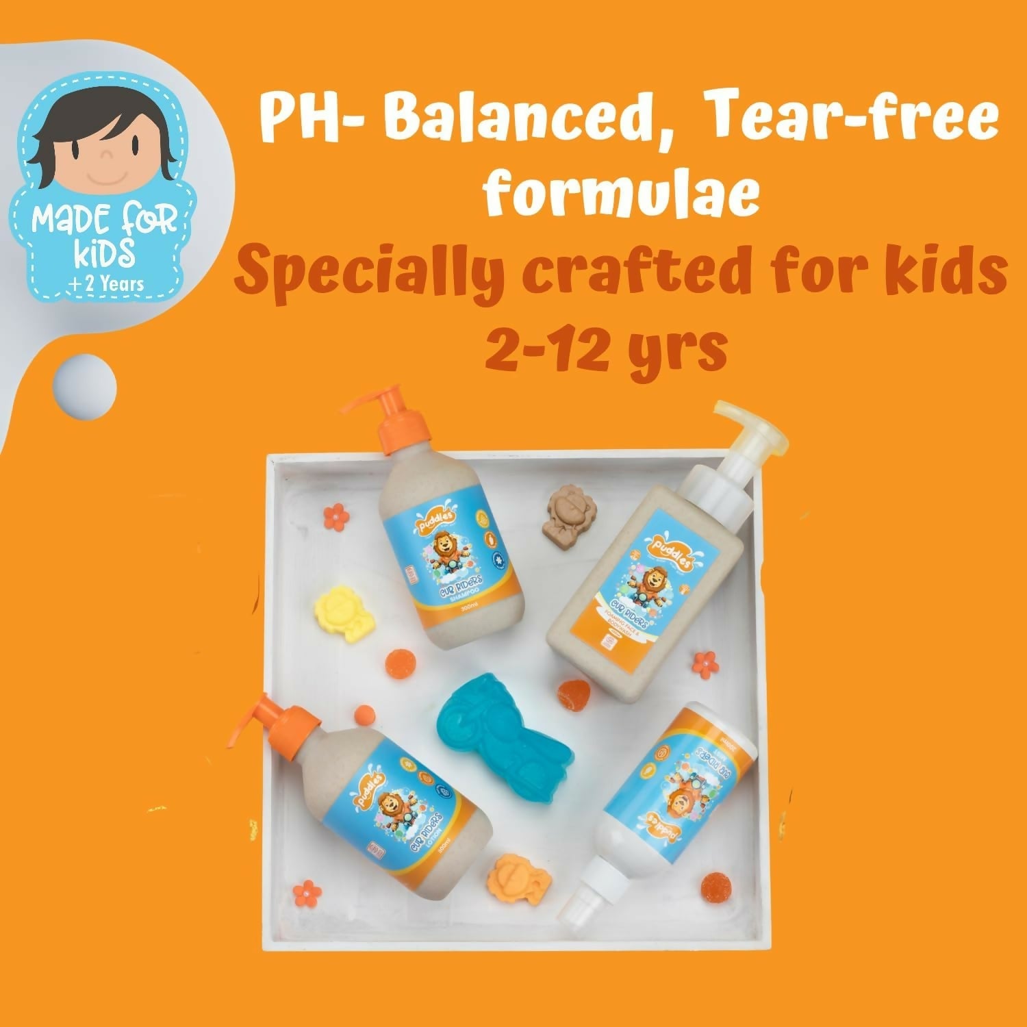 Puddles Organic Cub Riders Kids Foaming Face & Body Wash, Turmeric, Milk Protein, Orange Essential Oil