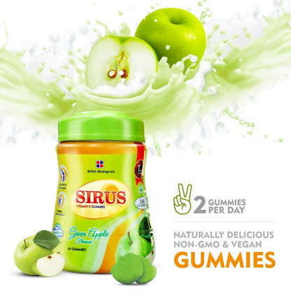 British Biologicals Sirus Vitamin D3 Gummies with Sugar for Women & Men - Green Apple