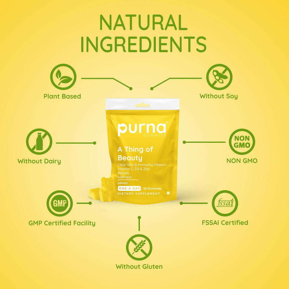 Purna Gummies Vitamin C Lemon Gummies with Vitamin D3, and Zinc for Immunity & Clear Skin