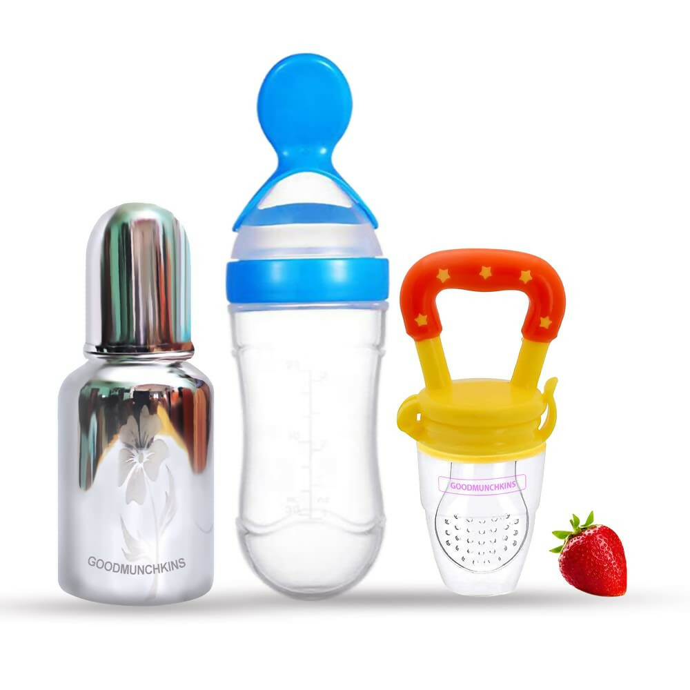 Buy Goodmunchkins Stainless Steel Feeding Bottle, Food Feeder & Fruit Feeder Combo for Baby-(Blue-Yellow, 150ml) from DrMediCart, Ship from India to USA