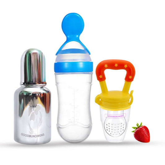Buy Goodmunchkins Stainless Steel Feeding Bottle, Food Feeder & Fruit Feeder Combo for Baby-(Blue-Yellow, 150ml) from DrMediCart, Ship from India to USA
