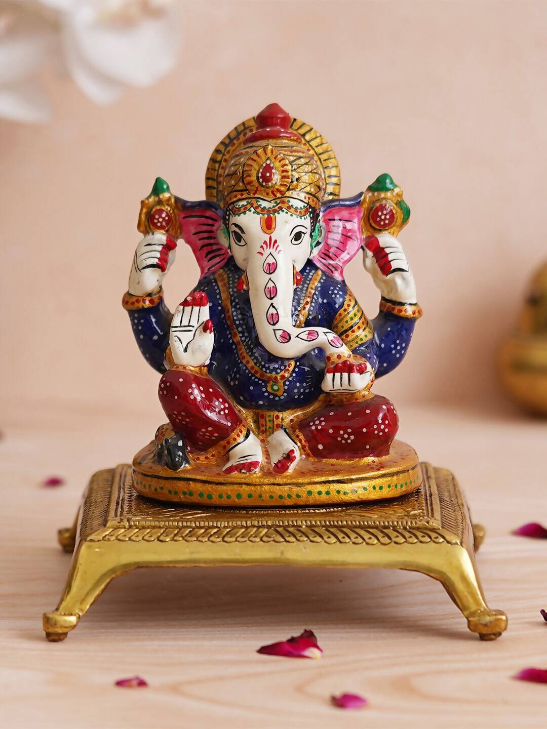 eCraftIndia Beige Lotus Flowers Engraved Pooja Chowki