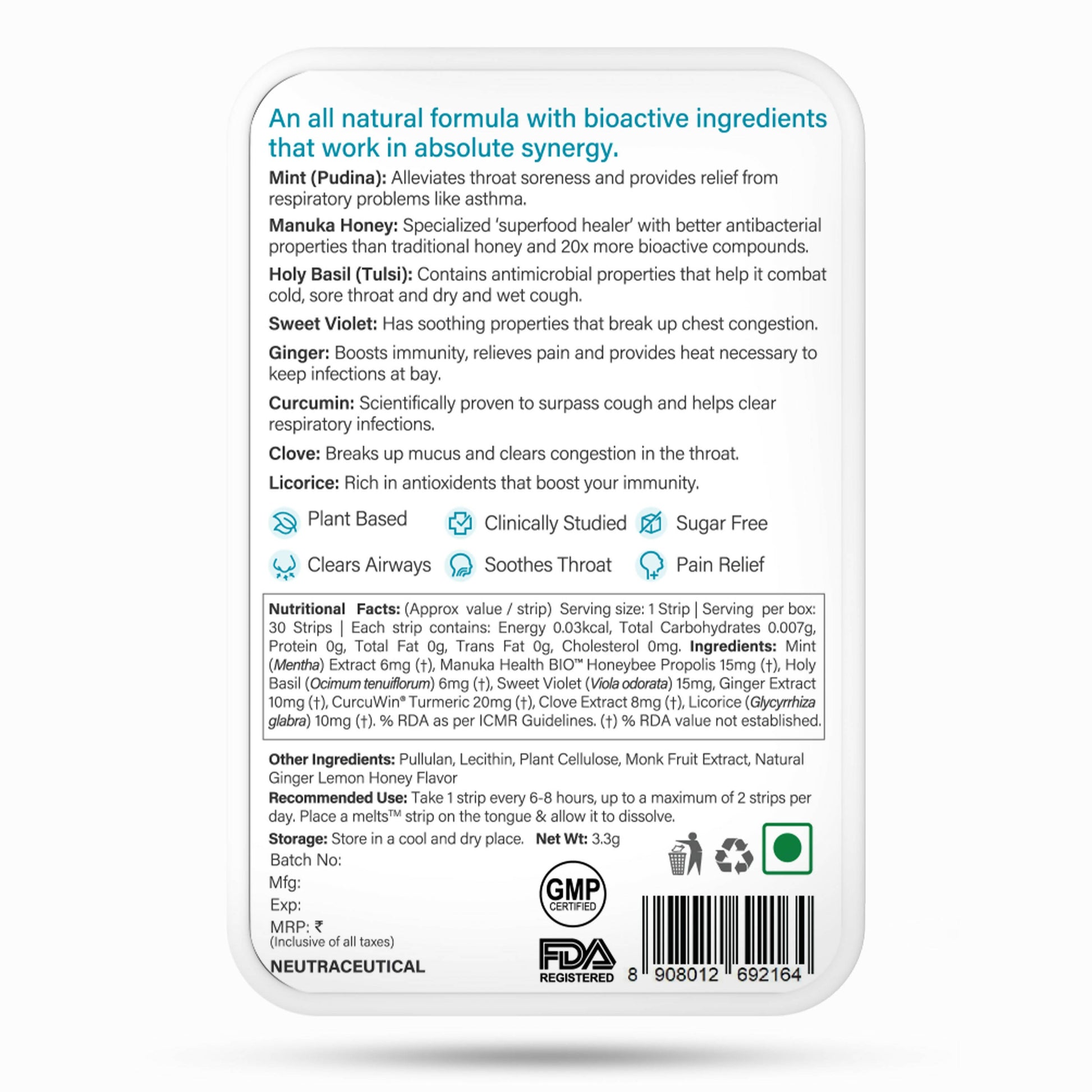 Wellbeing Nutrition Melts instant Throat Relief Oral Strips-Soothing Ginger Lemon Honey Flavor - Drmedicart