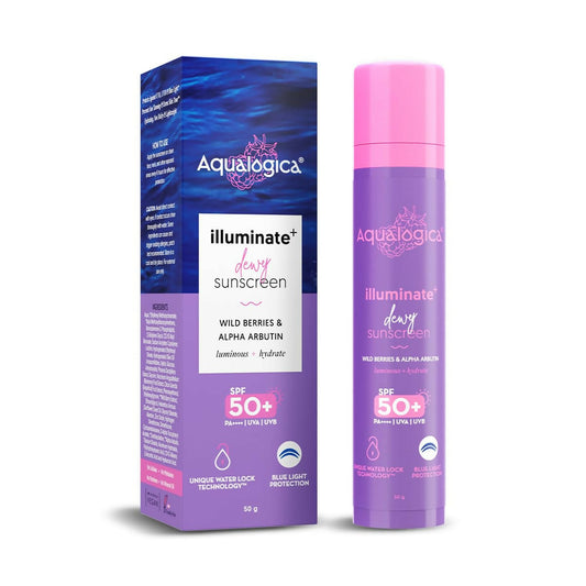 Buy Aqualogica Illuminate+ Dewy Sunscreen SPF 50+ PA++++ with Wild Berries & Alpha Arbutin, Protection Against Uva/B & Blue Light Protection from DrMediCart, Ship from India to USA