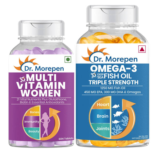 Buy Dr. Morepen Multivitamin Women Tablets and Omega 3 Deep Sea Fish Oil Softgels Combo from DrMediCart, Ship from India to USA