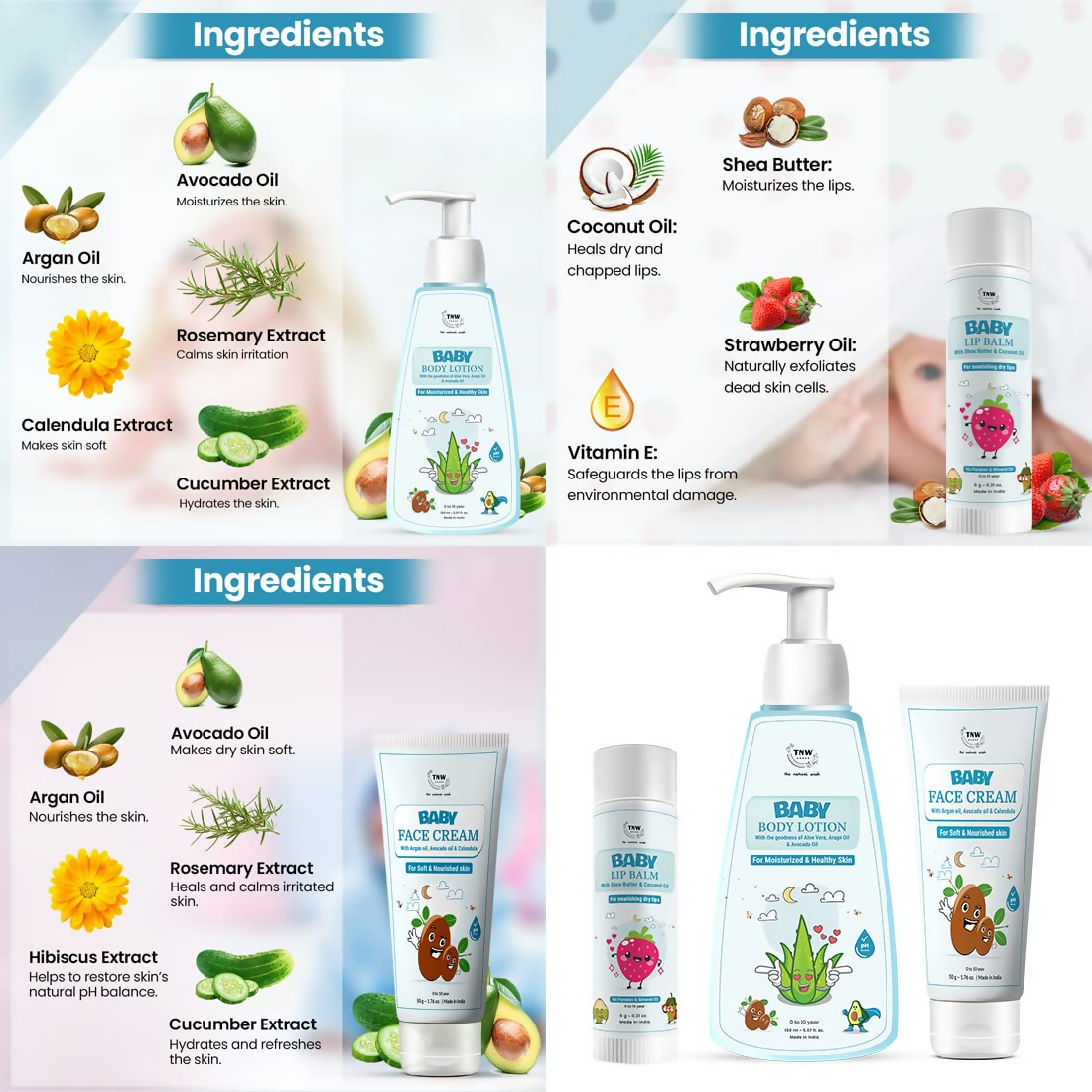 The Natural Wash Baby Lip Balm, Baby Face Cream & Baby Body Lotion For Soft Lips And Skin Combo