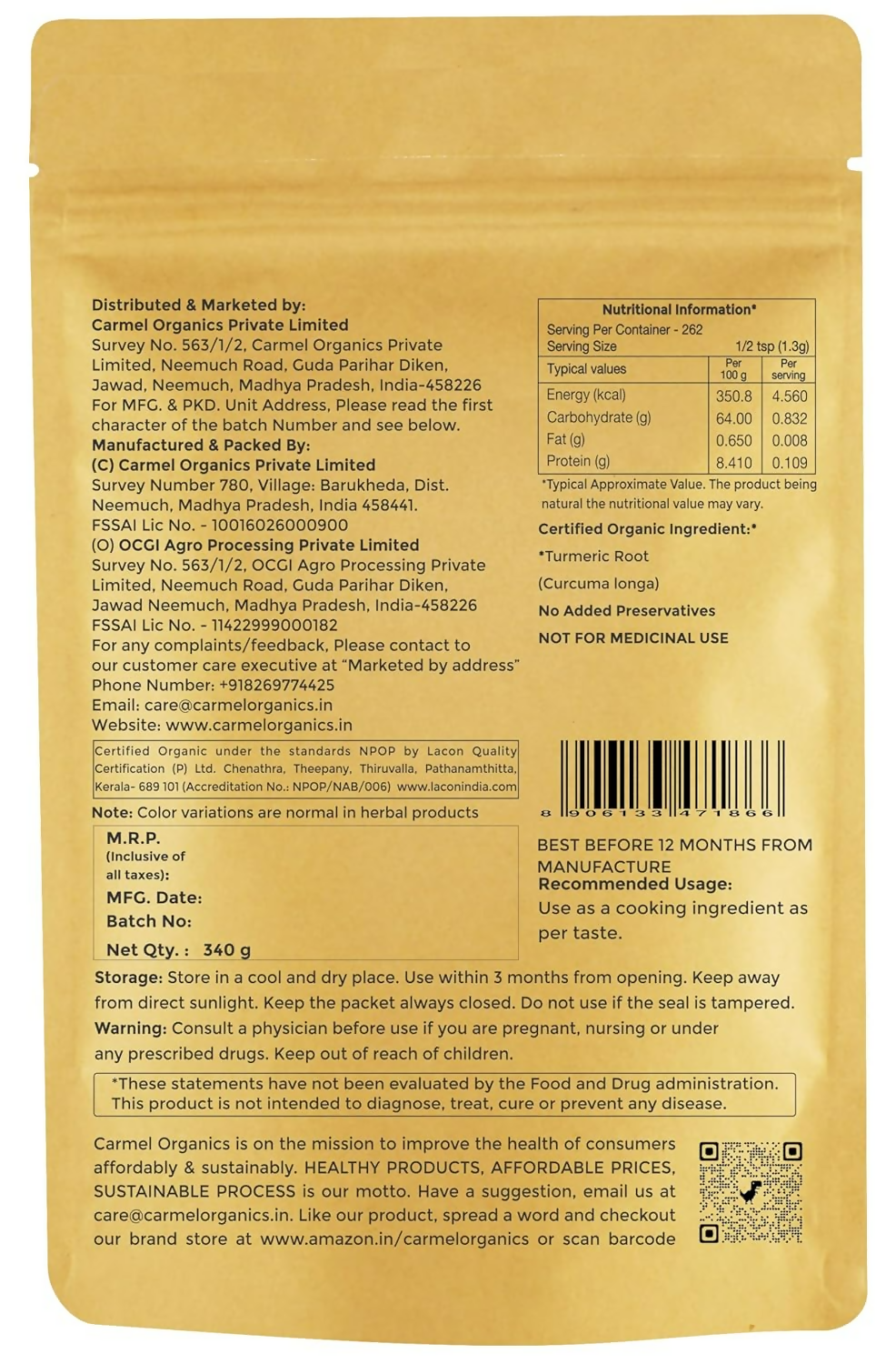 Carmel Organics Turmeric Root Powder