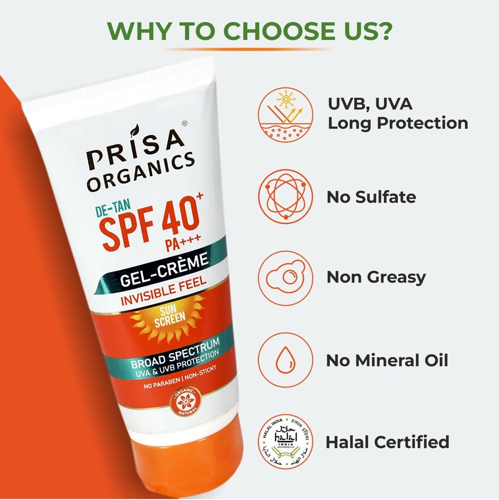 Prisa Organics De-Tan Sun Screen SPF 40 PA+++ Invisible Feel Gel Cream