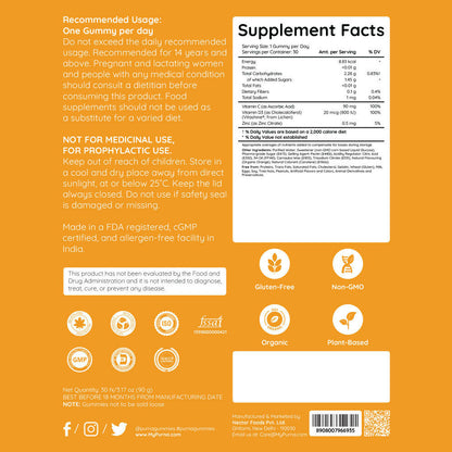 Purna Gummies Vitamin C Orange Gummies with Vitamin D3, and Zinc for Immunity & Clear Skin