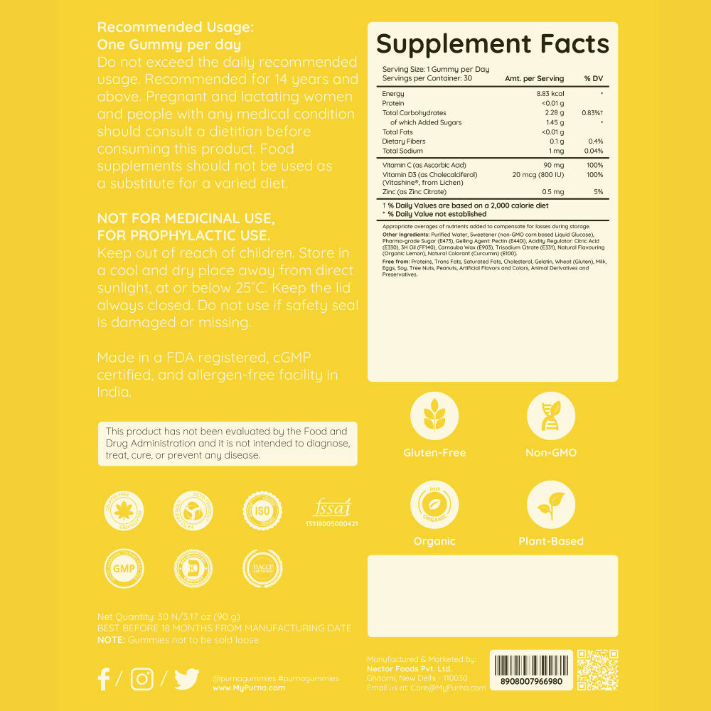 Purna Gummies Vitamin C Lemon Gummies with Vitamin D3, and Zinc for Immunity & Clear Skin