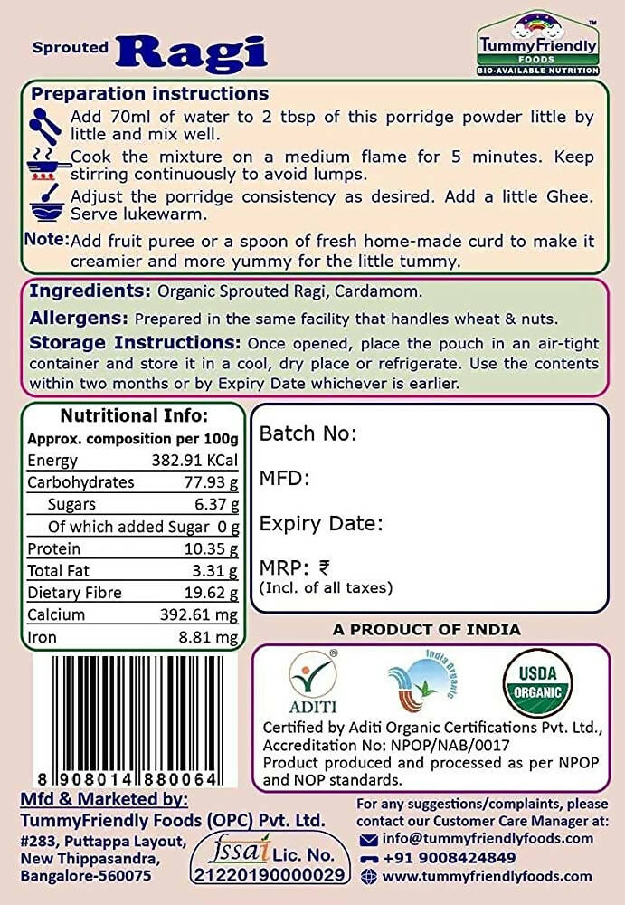 TummyFriendly Foods Organic Sprouted Porridge Mixes Sprouted Ragi Powder, Sprouted Brown Rice and Oats Combo - Drmedicart