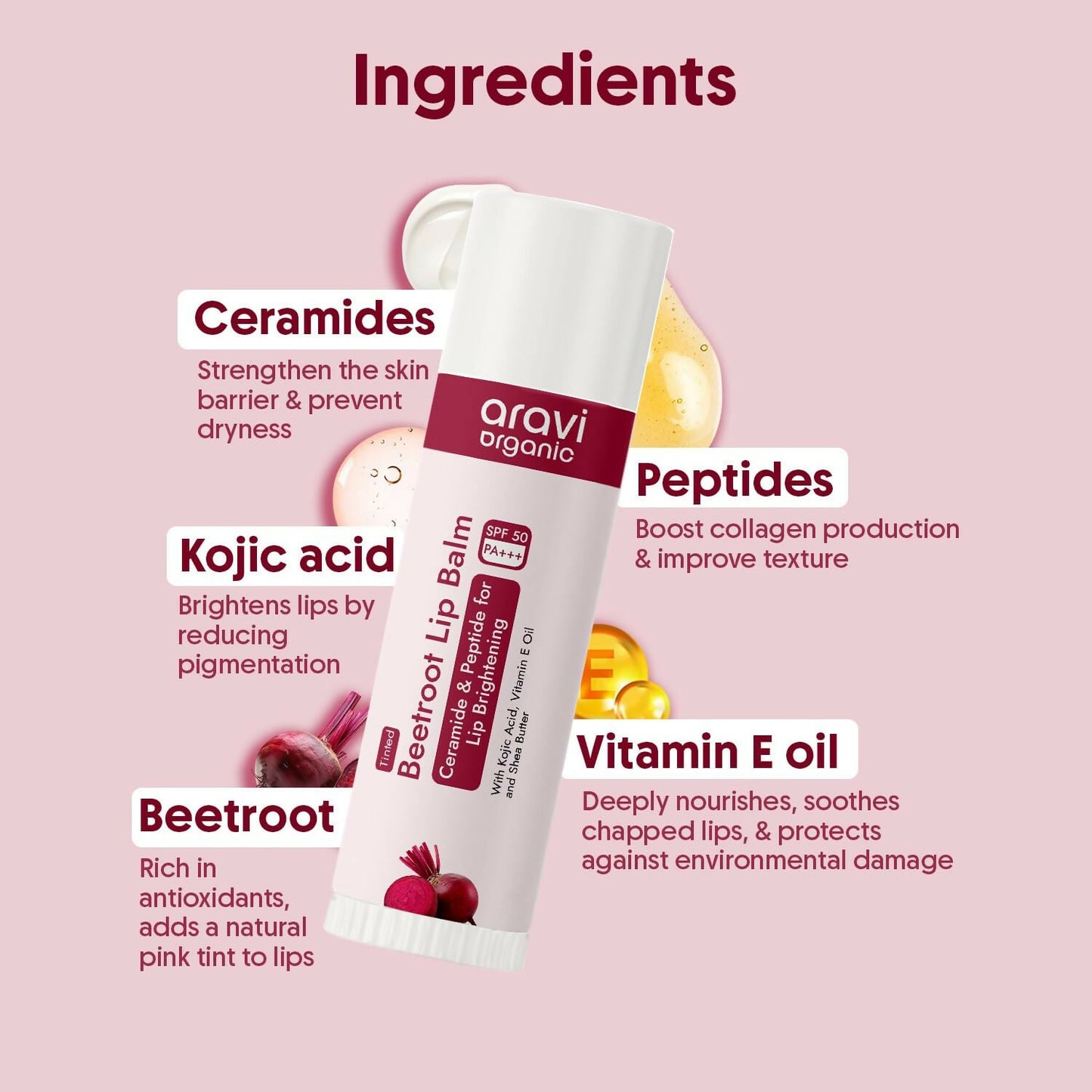 Aravi Organic Beetroot Tinted Lip Balm For Lip Brightening With SPF 50 PA+++ - Kojic Acid & Peptide