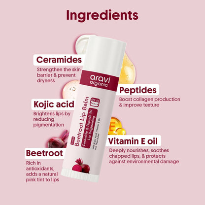 Aravi Organic Beetroot Tinted Lip Balm For Lip Brightening With SPF 50 PA+++ - Kojic Acid & Peptide