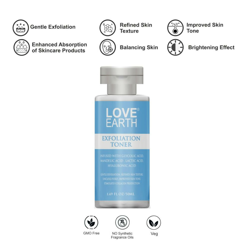 Love Earth Exfoliation Toner Infused With Glycolic Acid, Mandelic Acid, Lactic Acid, Hyaluronic Acid