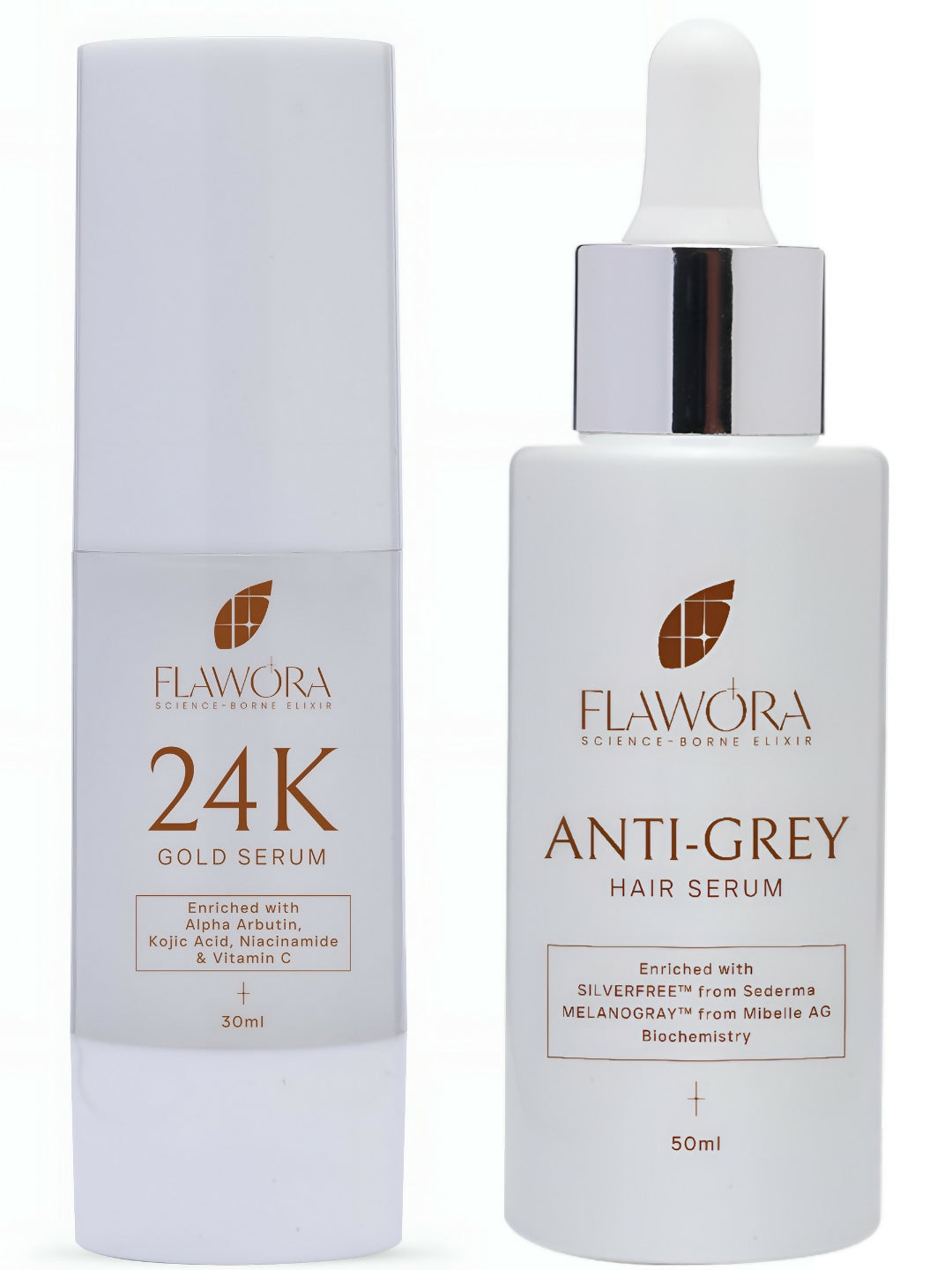 Flawora Anti-Grey Hair Serum For Reversing Grey Hair & Gold Face Serum For Brightening, Anti-Aging