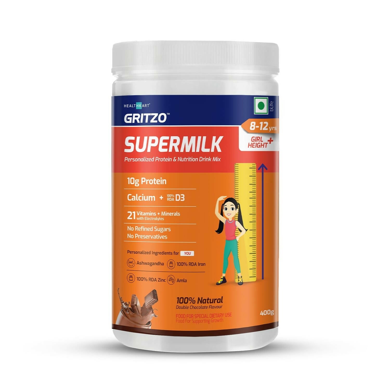 Gritzo SuperMilk Height+ Health Drink for 7-12y Girls - Double Chocolate Flavor