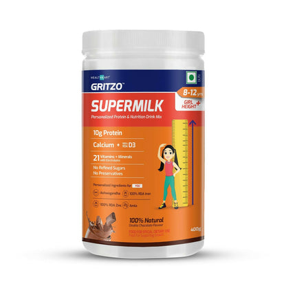 Gritzo SuperMilk Height+ Health Drink for 7-12y Girls - Double Chocolate Flavor
