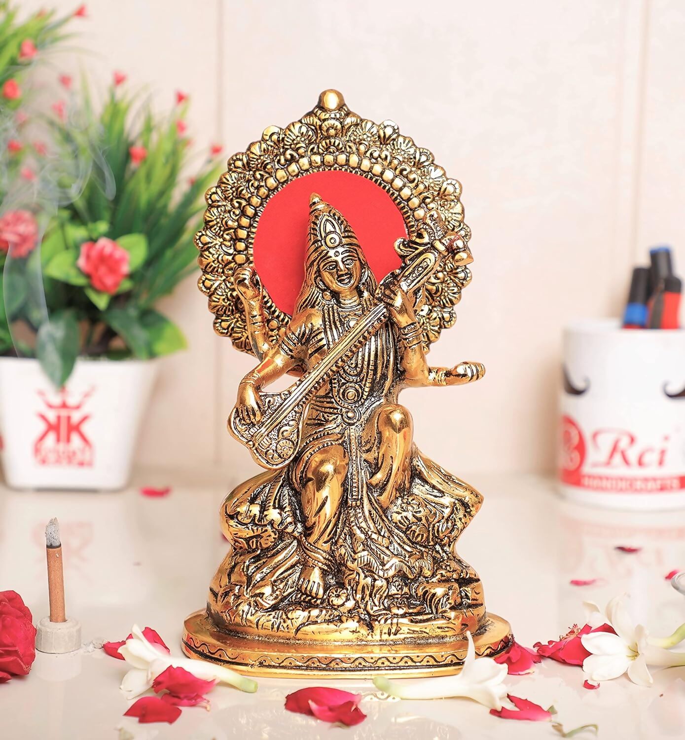 Buy KridayKraft Gold-Polished Maa Saraswati Metal Statue