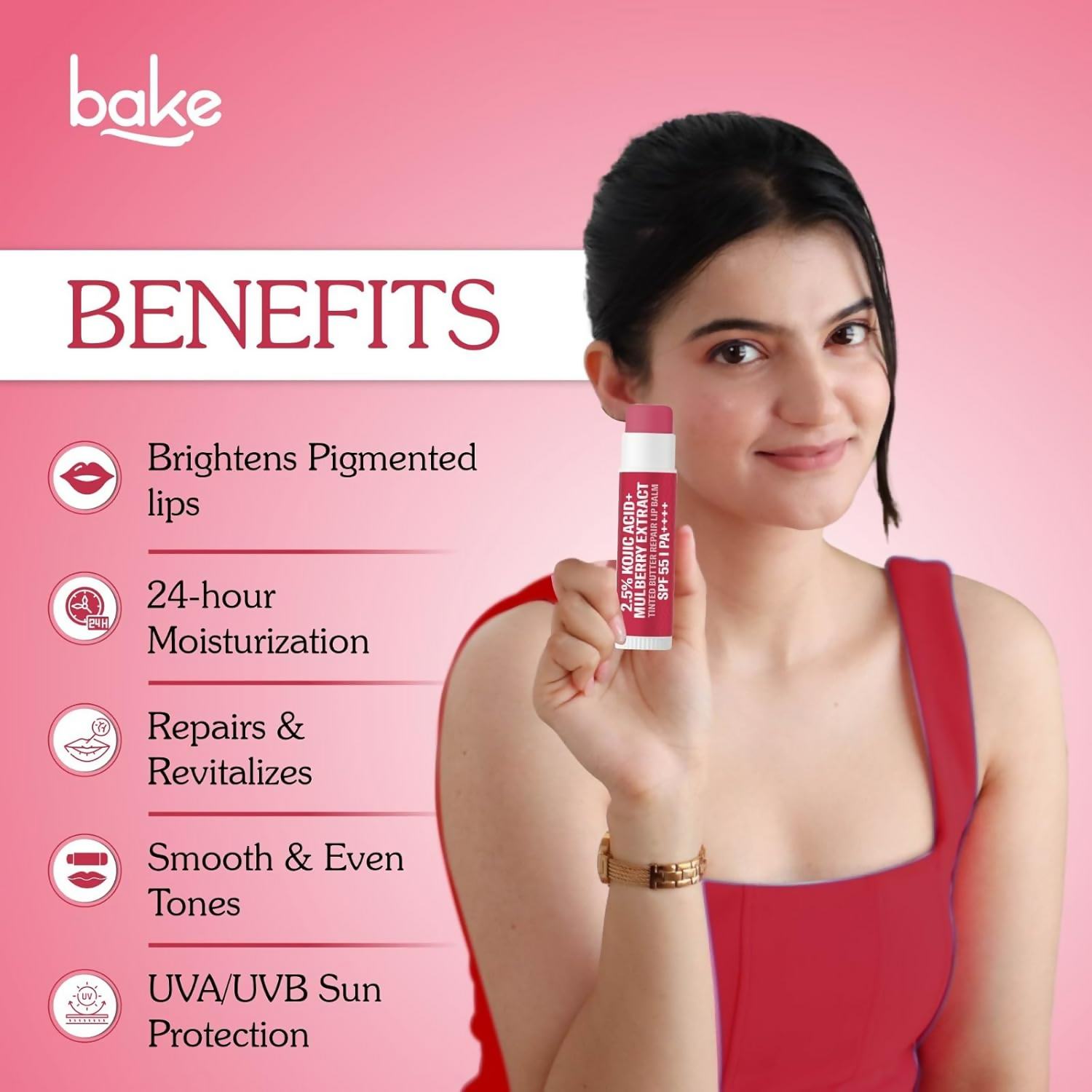 Bake 2.5% Kojic Acid Beetroot Tinted Butter Brightening Lip Balm Spf 55 Pa++++