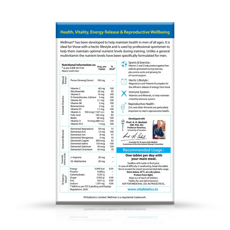 Wellman Health Supplements UK's No.1 Multivitamin( With Ginseng Amino Acids & 21 Micronutrients Tablets