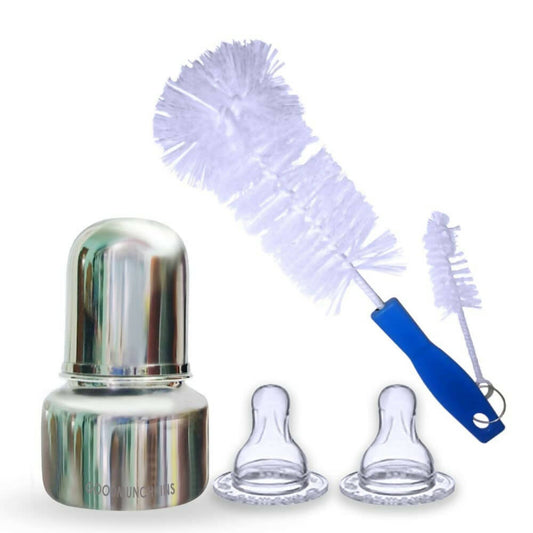 Buy Goodmunchkins Stainless Steel Feeding Bottle with Anti Colic Silicone Nipple/Bottle Cleaning Nylon Brush (75ml, Blue) from DrMediCart, Ship from India to USA