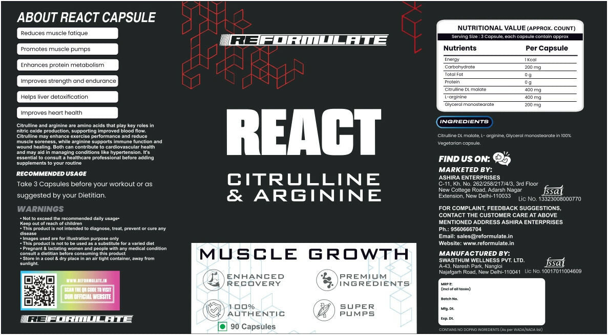Reformulate React Capsules I Citrulline & Arginine I Muscle Growth I Enhanced Recovery I Super Pumps
