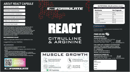 Reformulate React Capsules I Citrulline & Arginine I Muscle Growth I Enhanced Recovery I Super Pumps