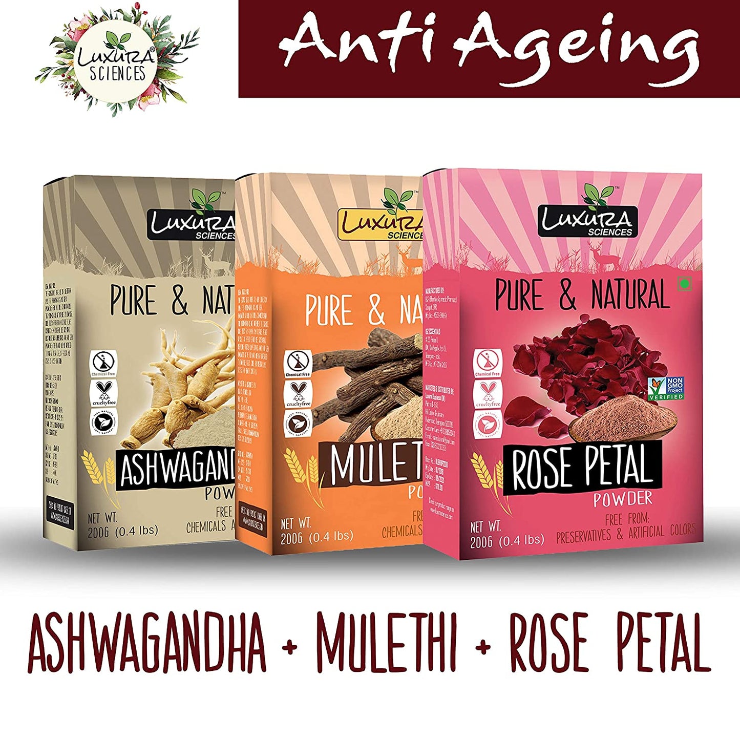 Luxura Sciences Natural Skin Care for Anti Ageing Set - Ashwagandha + Mulethi + Rose - DrMediCart