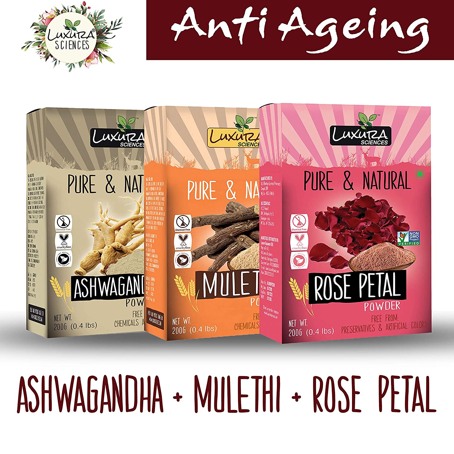 Luxura Sciences Natural Skin Care for Anti Ageing Set - Ashwagandha + Mulethi + Rose - DrMediCart