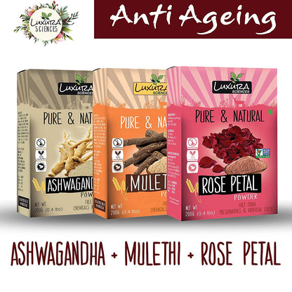 Luxura Sciences Natural Skin Care for Anti Ageing Set - Ashwagandha + Mulethi + Rose - DrMediCart