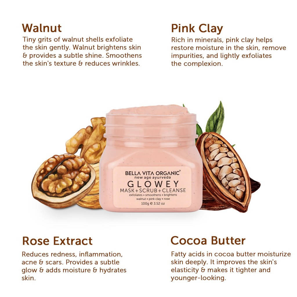 Bella Vita Organic New Age Ayurveda Glowey Mask + Scrub + Cleanse ingredients
