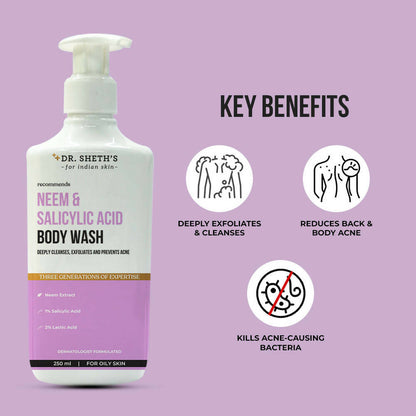 Dr. Sheth's Neem & Salicylic Acid Body Wash For Body Acne, Anti-bacterial AHA BHA Body Wash