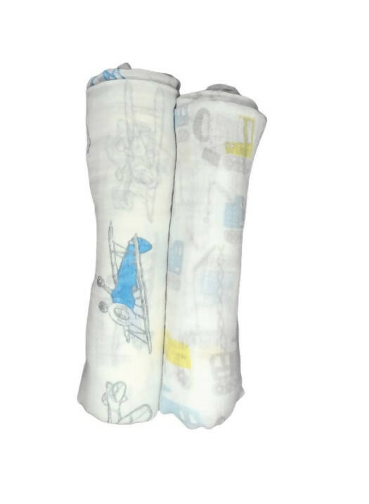 Kindermum Organic Cotton Muslin Swaddle Blanket 100 Cm X 100 Cm - Set Of 2 - Transport And Aviator