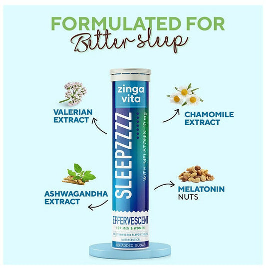 Buy Zingavita Sleepzzzz with sleep support  10mg Effervescent Tablets - Strawberry Flavor from DrMediCart, Ship from India to USA