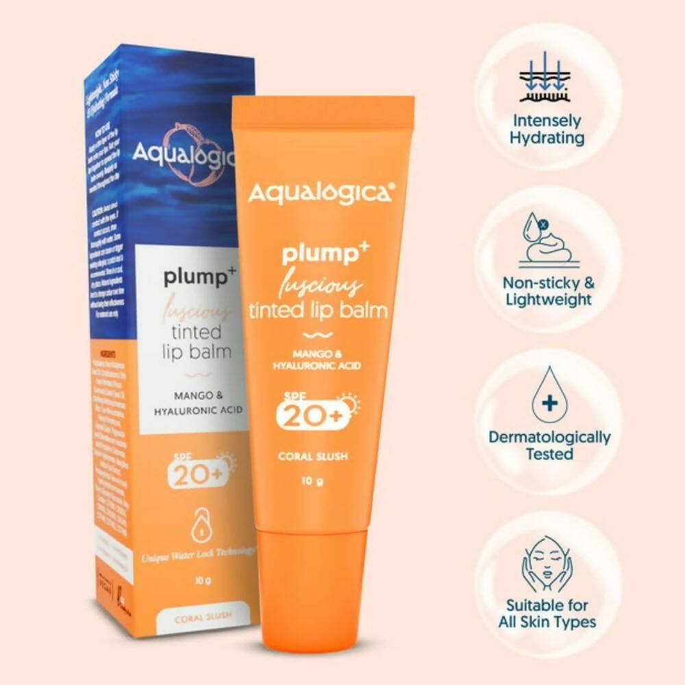 aqualogica coral slush plump luscious tinted lip balm with mango and hyaluronic acid buy in usa
