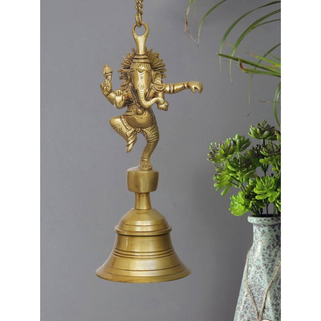 Buy eCraftIndia Golden Brass Dancing Ganesha Idol Wall Hanging Bell With Chain